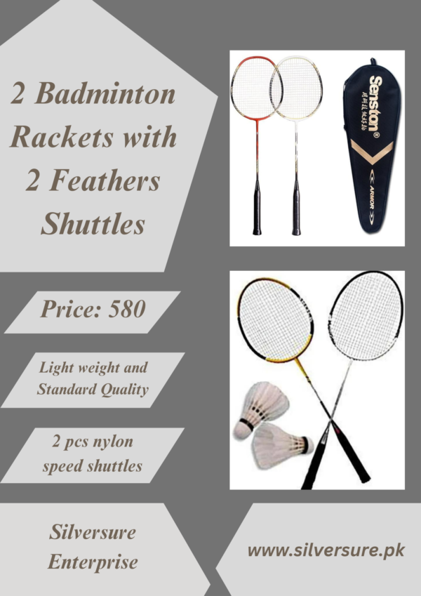 2 Badminton Rackets with 2 Feathers Shuttles